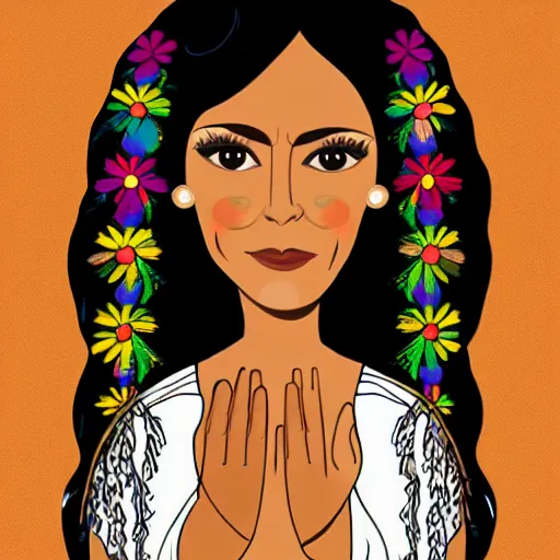 Prompt: beautiful illustration of a mexican woman of 4 0 years old, with curly black and silver hair, the woman has beautiful black eyes, her skin is light brown, she is dressed in shaman clothes, in the style of amanda sage