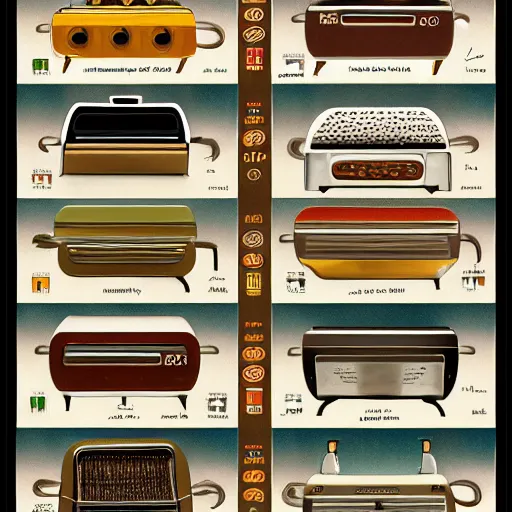 Prompt: an illustrated field guide to different electric toasters showing examples of males and females of each species, biological illustrations, art by john james audubon robert stebbins and terryl whitlatch and david sibley and charles darwin, highly detailed, intricately detailed, 8 k, trending on artstation