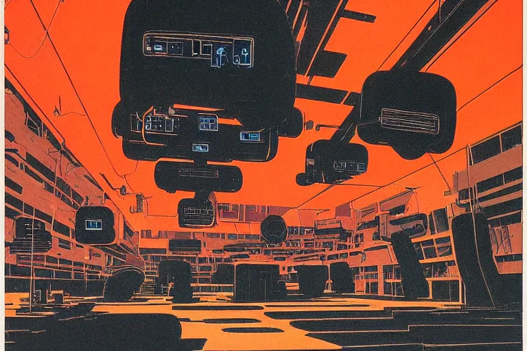 Image similar to a 1979 cover of OMNI magazine depicting an empty warehouse with VR headsets hanging ominously from the ceiling. Neo-Tokyo. Cyberpunk style art by Vincent Di Fate.