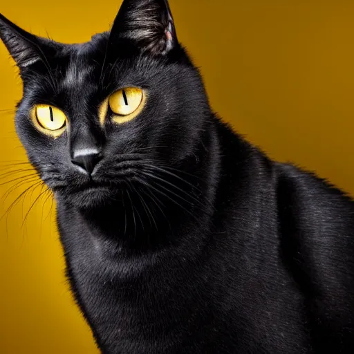 Image similar to a black cat with yellow eyes wearing knight armor, realistic photograph, studio lighting