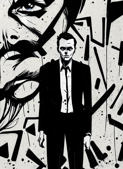 Image similar to highly detailed closeup portrait of martin wallstrom, tyrell wellick, slick back hair wearing suit by atey ghailan, by greg rutkowski, by greg tocchini, by james gilleard, by joe fenton, by kaethe butcher, gradient blue, black and white only color scheme, grunge aesthetic!!! ( ( graffiti tag wall background ) )