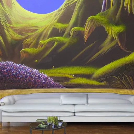 Image similar to large landscapes from another world, beautiful painting, very detailed fauna and flora, enhance lighting, the atmosphere is looking weird