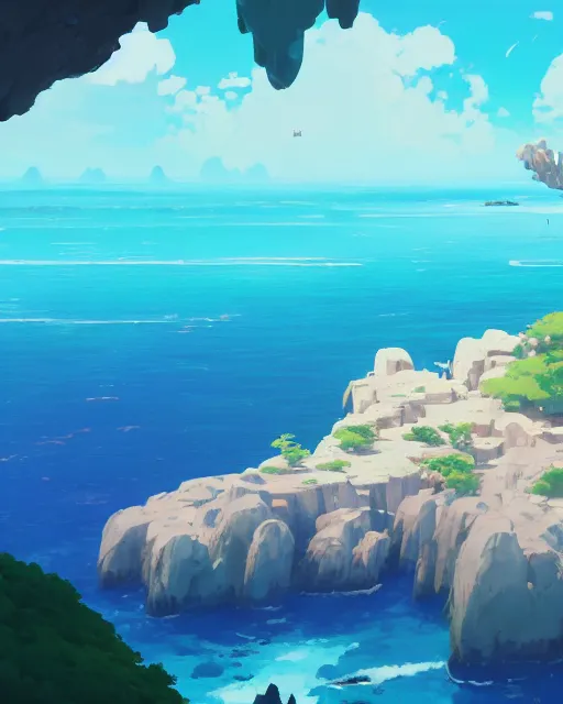 Prompt: an archipelago with strange white rock formations, lush vegetation, deep blue water, cory loftis, james gilleard, atey ghailan, makoto shinkai, goro fujita, studio ghibli, rim light, exquisite lighting, clear focus, very coherent, plain background, soft painting