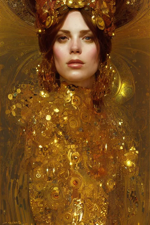 Prompt: an intricate artistic klimt golden motives and textures, hyper detailed, ornamental gold headpiece, octane render, vivid colors, artstation, by jeremy mann, by alphonse mucha, by boris vallejo