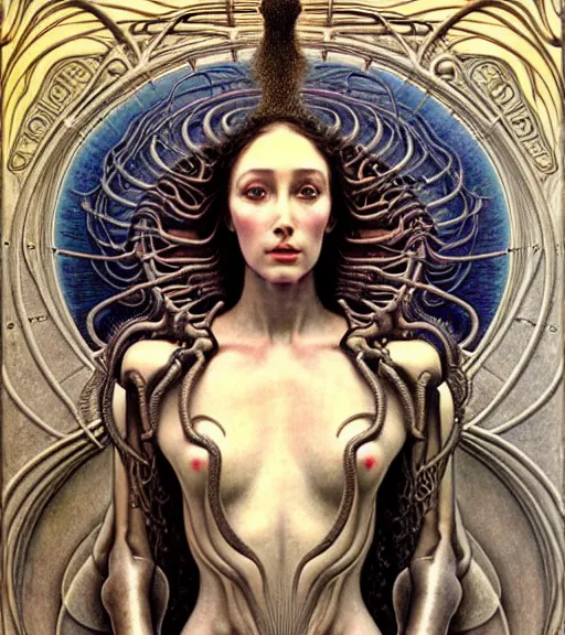 Image similar to detailed realistic beautiful young cher alien robot as queen of andromeda galaxy portrait by jean delville, gustave dore and marco mazzoni, art nouveau, symbolist, visionary, baroque, giant fractal details. horizontal symmetry by zdzisław beksinski, iris van herpen, raymond swanland and alphonse mucha. highly detailed, hyper - real, beautiful