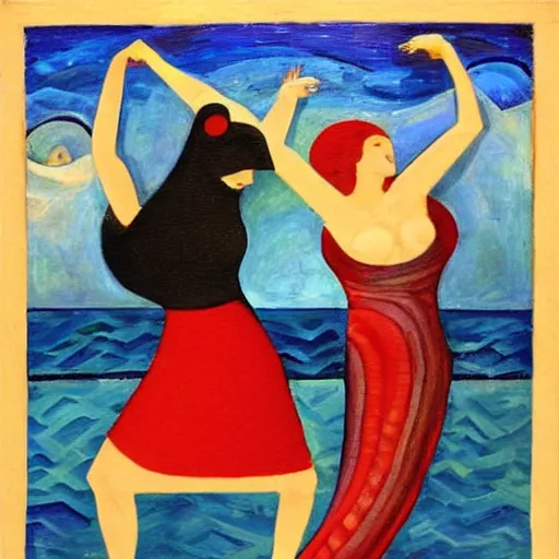 Image similar to two Russian Women in the moonlight dancing by the ocean , high quality art in the style of cubism and georgia o’keefe,