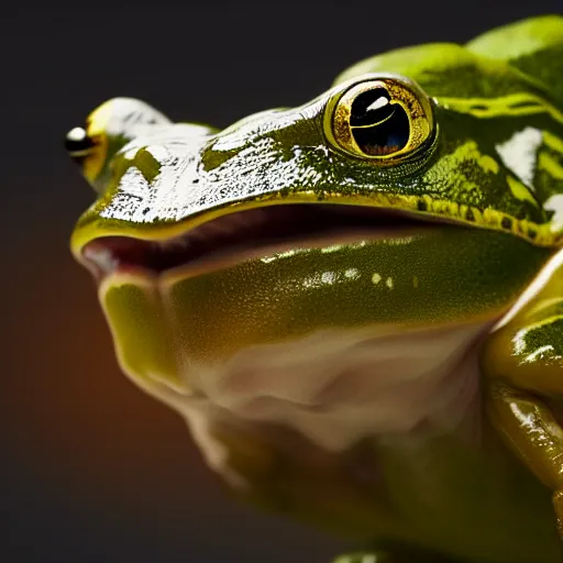Image similar to hyperrealistic image of bullfrog, by thomas eakes & xiang duan & mike judge, perfect symmetry, dim volumetric lighting, photorealistic, 8 k octane beautifully detailed render, post - processing, extremely hyper - detailed, intricate, epic composition, lifelike attributes, cinematic lighting, masterpiece, trending on artstation, very very detailed, stunning,