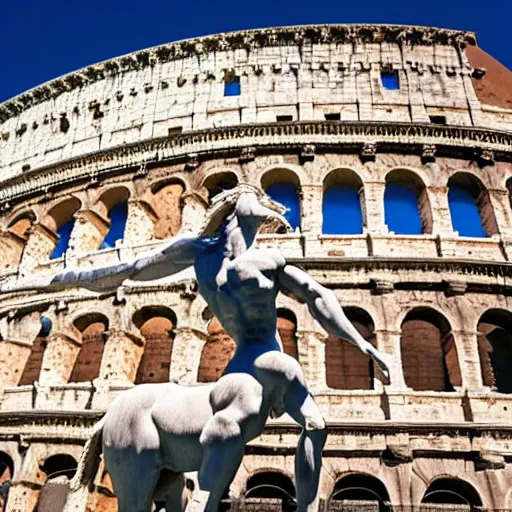 Image similar to A marble statue of a Centaur in the middle of the Colosseum, sculpture created by michelangelo, 8k, cinematic lighting