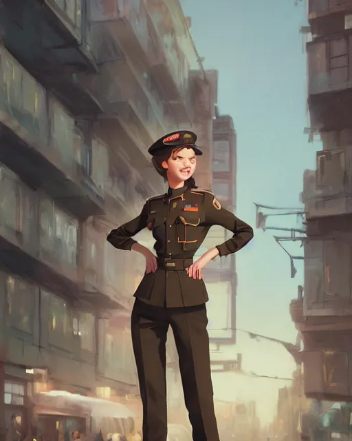 Prompt: young woman with shoulder length light brown hair and hazel eyes dressed in a sharp dark teal military uniform and beret, smiling, blurred city background in twilight lighting, ilya kuvshinov, anime, greg rutkowski, guweiz, ross tran, svetlana tigai, artgerm, concept art, digital painting, painterly