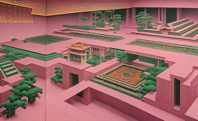 Prompt: huge sprawling gargantuan angular dimension of infinite indoor landscape japanese furniture with asian ceremonial temple. surrealism, mallsoft, vaporwave. muted colours, 8 0 s japanese interior design, shot from above, endless, neverending epic scale by escher and ricardo bofill