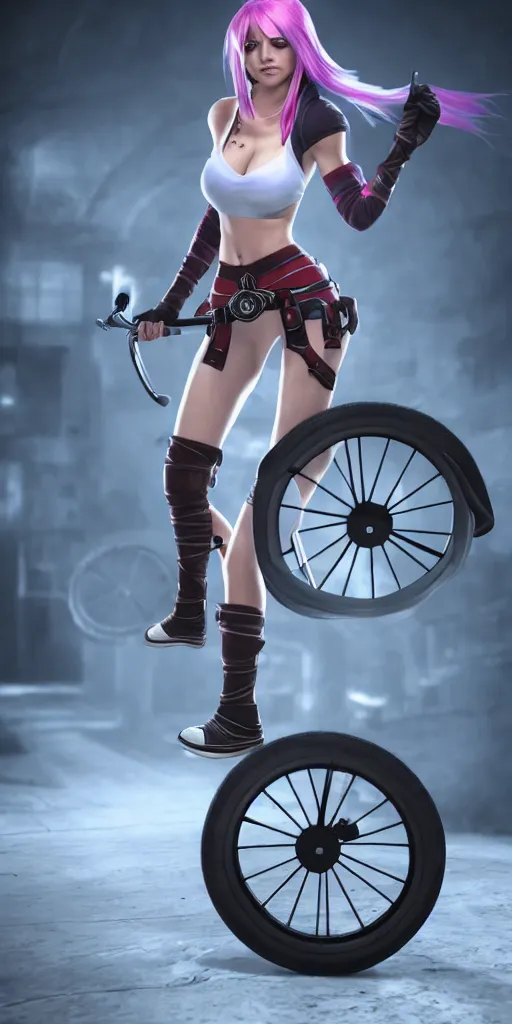 Image similar to Katarina from League of Legends on a unicycle, photorealistic full body, studio lighting, unreal engine 5, hyperrealistic, dynamic lighting, white ambient background, realistic, highly detailed