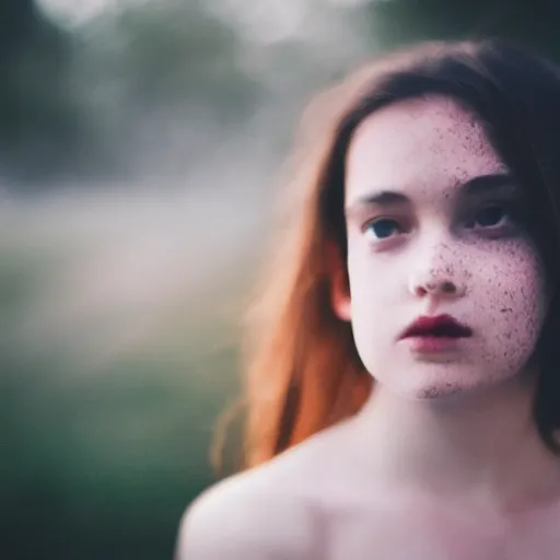 Prompt: a girl made out of glass touches her shattered chest, 5 0 mm lens, f 1. 4, sharp focus, ethereal, emotionally evoking, head in focus, volumetric lighting, blur dreamy outdoor,