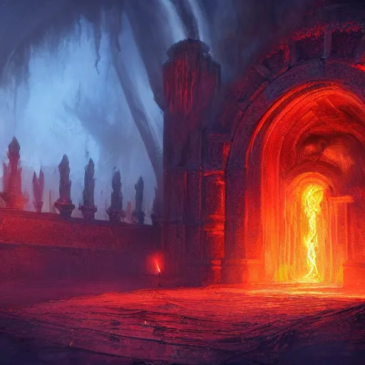 Image similar to The gates of hell, fire, volumetric fog, demons, fantasy, medieval, vivid colors, elegant, concept art, sharp focus, digital art, Hyper-realistic, 4K, Unreal Engine, Highly Detailed, HD, Dramatic Lighting by Brom, trending on Artstation