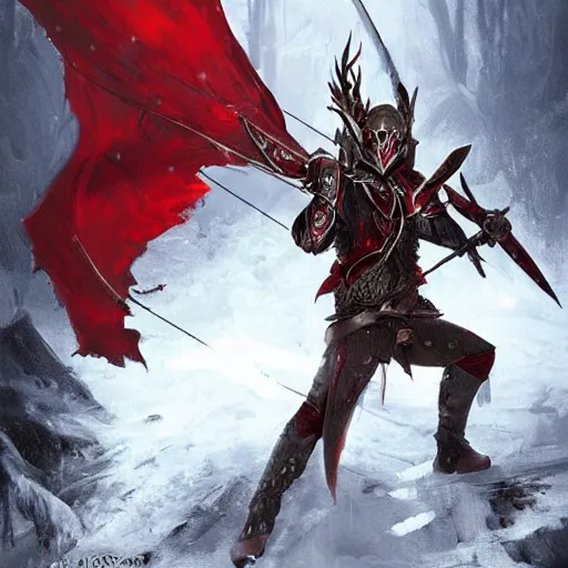 Prompt: A full body shot of an elven ranger with a bow and quiver wearing leather armor to block the snow, he wears a red demon mask of terror with fire in the eye sockets, fantasy, digital art by Ruan Jia