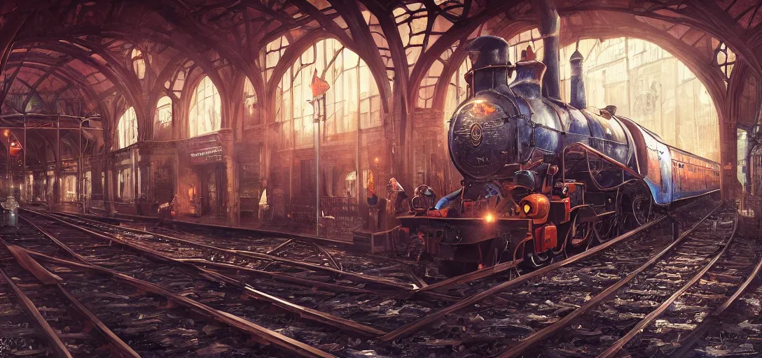 Image similar to some wizard waiting in hogwart train station in quiet dark city, hyper detailed, orange red blue tones dramatic lighting, cgsociety, realistic, hyper detailed, insane details, intricate, dramatic lighting, hypermaximalist, golden ratio, rule of thirds, octane render, weta digital, micro details, ultra wide angle, artstation trending, 8 k,