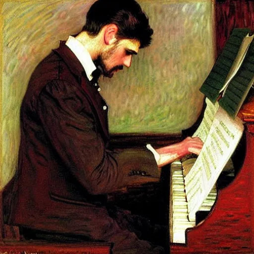 Image similar to attractive man playing piano, painting by tom of finland, john william waterhouse, claude monet