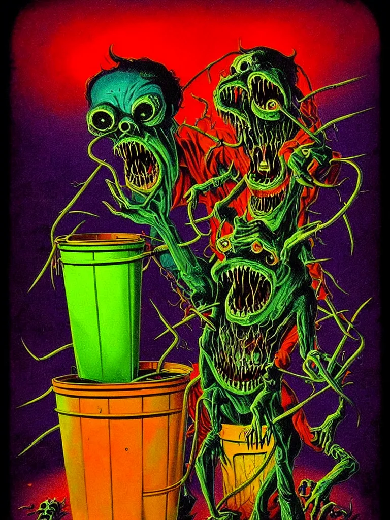 Prompt: Vibrant Colorful Vintage Horror Illustration of a Nightmare Monster Emerging from a Garbage Can. Glowing , Spooky lighting , Pinterest