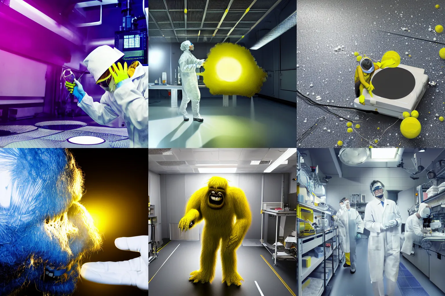 Prompt: hairy monster dusting off silicon wafer, laboratory clean room, photolithography, yellow artificial lighting, photorealistic