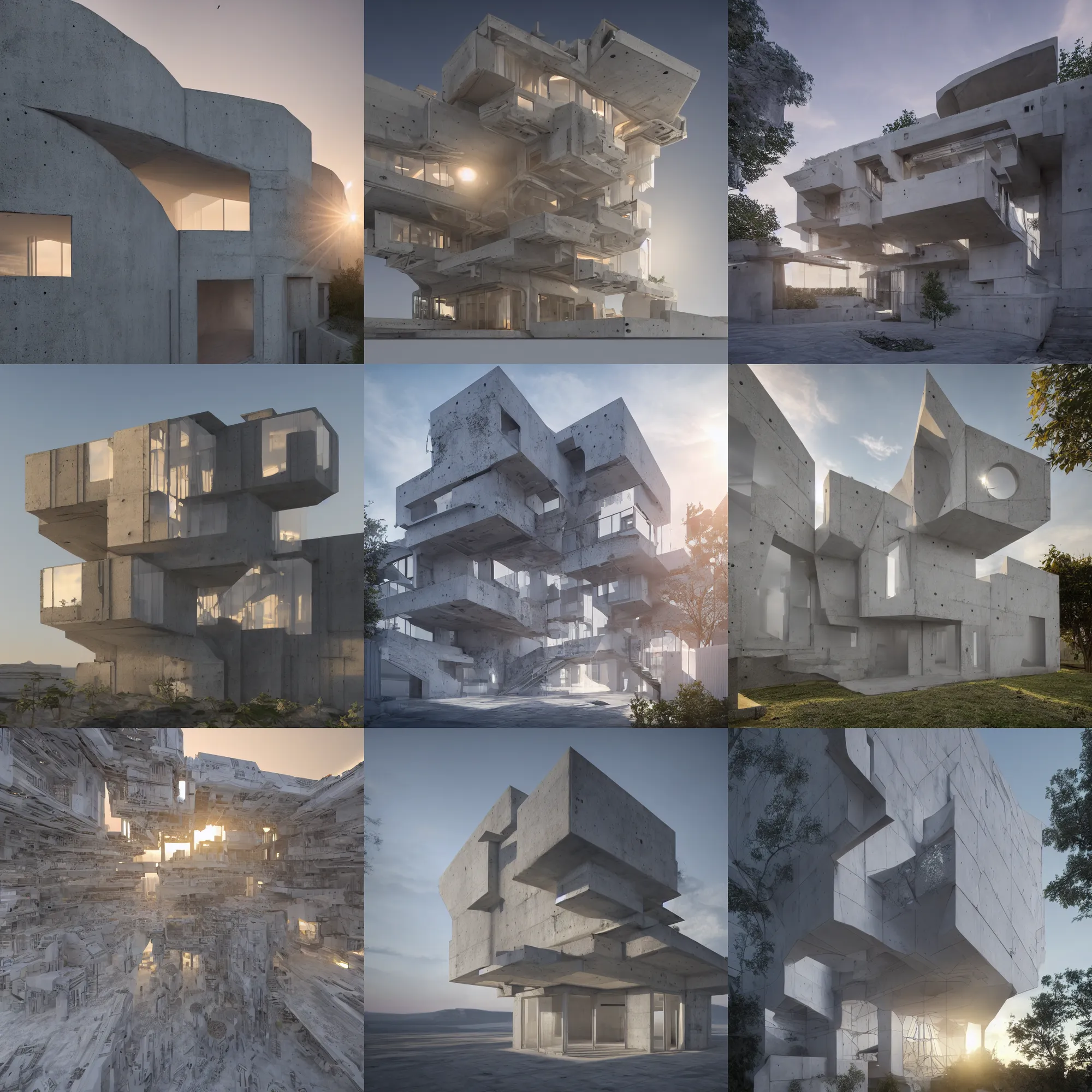 Prompt: extremely detailed non-Euclidean stunning sophisticated beautiful house of greebles, stunning volumetric light, sunset, concrete and translucent material, stunning skied, 8k