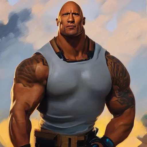 Image similar to greg manchess portrait painting of fully armored foundation aka dwayne the rock johnson from fortnite as overwatch character, medium shot, asymmetrical, profile picture, organic painting, sunny day, matte painting, bold shapes, hard edges, street art, trending on artstation, by huang guangjian, gil elvgren, ruan jia, greg rutkowski, gaston bussiere