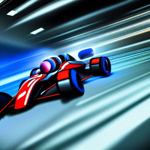 Image similar to go - kart racer taking a corner at speed on a race track, motion blur, laser, smoke, debris, fast movement, artistic angle, light streaks, dark mood, night time, ultra realistic