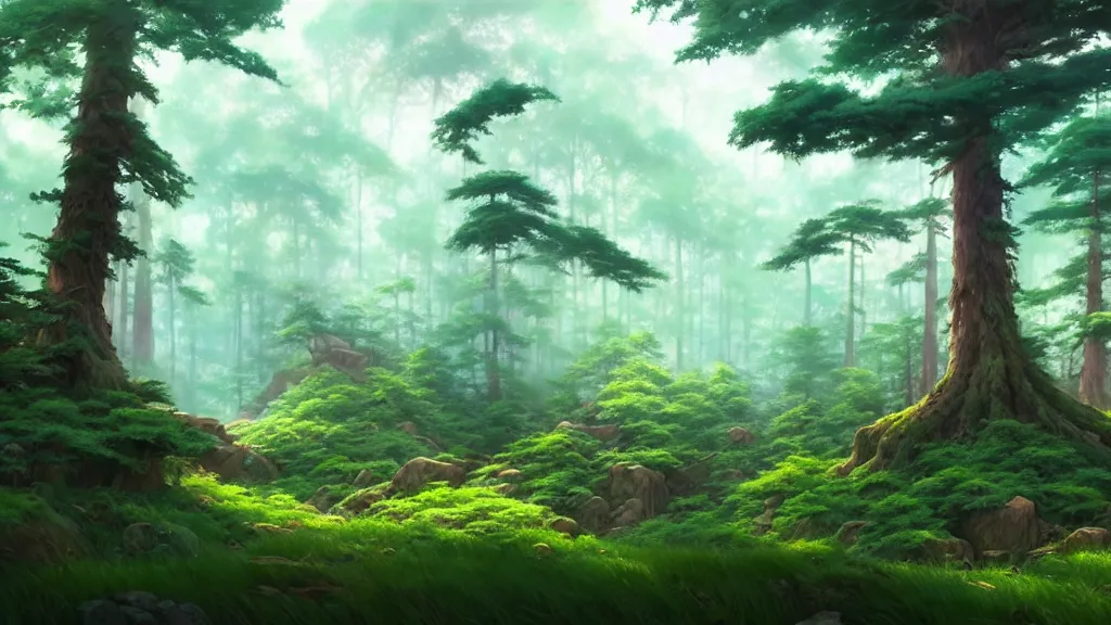 Image similar to forest clearing landscape, studio ghibli, pixar and disney animation, sharp, rendered in unreal engine 5, highly detailed, digital painting, artstation, concept art, smooth, sharp focus, illustration, wide angle, artbook, wallpaper, splash art, promo art, dramatic lighting, art by artgerm and greg rutkowski and bo chen and jin xiaodi