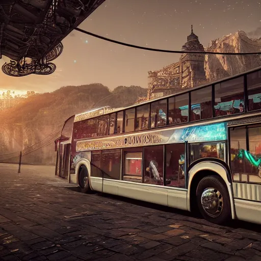 Prompt: floating bus, digital art, cosmic, 3 d high definition, trending on art station, photorealistic, high resolution, 8 k, octane, hyper detailed, insane details, intricate, elite, ornate, elegant trend, highly detailed and intricate, sharp focus, photography, unreal engine