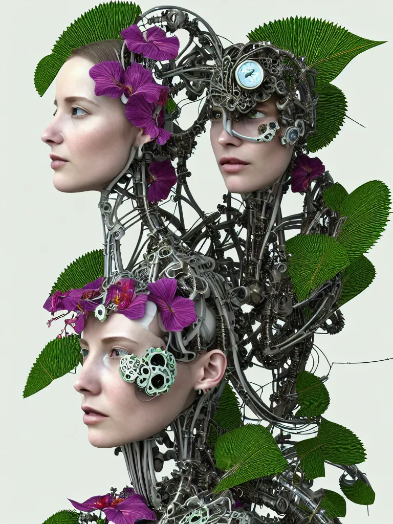 Prompt: 3 d render, biomechanical beautiful young female cyborg with a porcelain profile face, analog, big leaves foliage and stems, morning glory flowers, hibiscus flowers, boho floral vines, hexagonal mesh fine wire, sinuous fine roots, alexander mcqueen, art nouveau fashion embroidered, steampunk, mandelbrot fractal, picture taken in 1 9 3 0