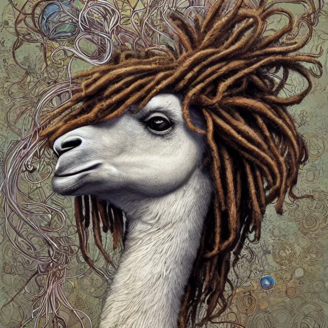 Image similar to llama with dreadlocks, by mandy jurgens, ernst haeckel, james jean. in the style of industrial sci - fi