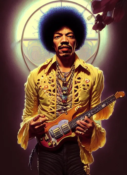 Image similar to portrait of jimmy hendrix, intricate, elegant, highly detailed, digital painting, artstation, concept art, smooth, sharp focus, illustration, art by artgerm, greg rutkowski, alphonse mucha, uang guangjian, gil elvgren, sachin teng, symmetry!!