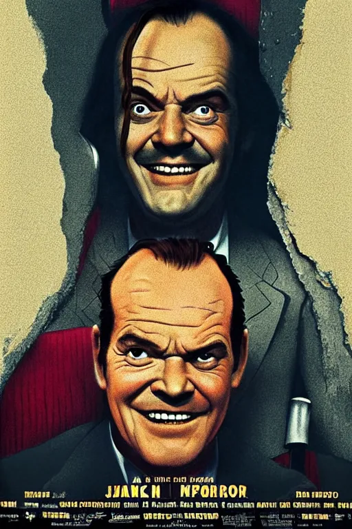 Image similar to a movie poster for the film the shining featuring a large portrait of jack nicholson's face and an axe in the style of the grand budapest hotel.