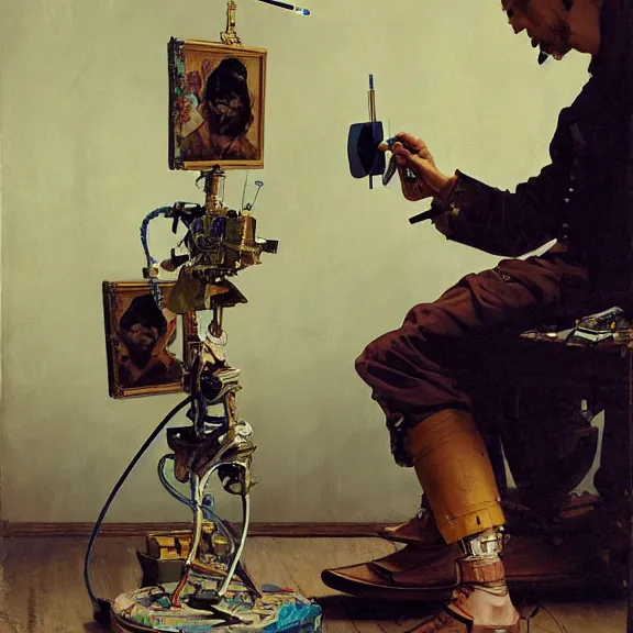 Image similar to robot artist painting a self - portrait on a canvas. intricate, highly detailed, photorealistic, film still, by carl spitzweg, hans thoma, alexandros pyromallis, gil elvgren, sachin teng.