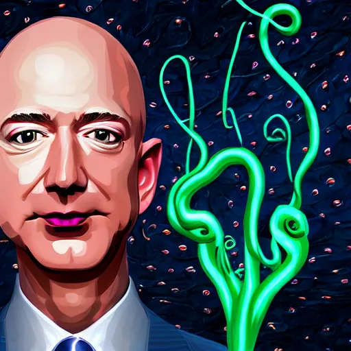 Image similar to Jeff Bezos as a terrifying cosmic horror with tentacles and soulless eyes with a cosmic background. Epic digital art