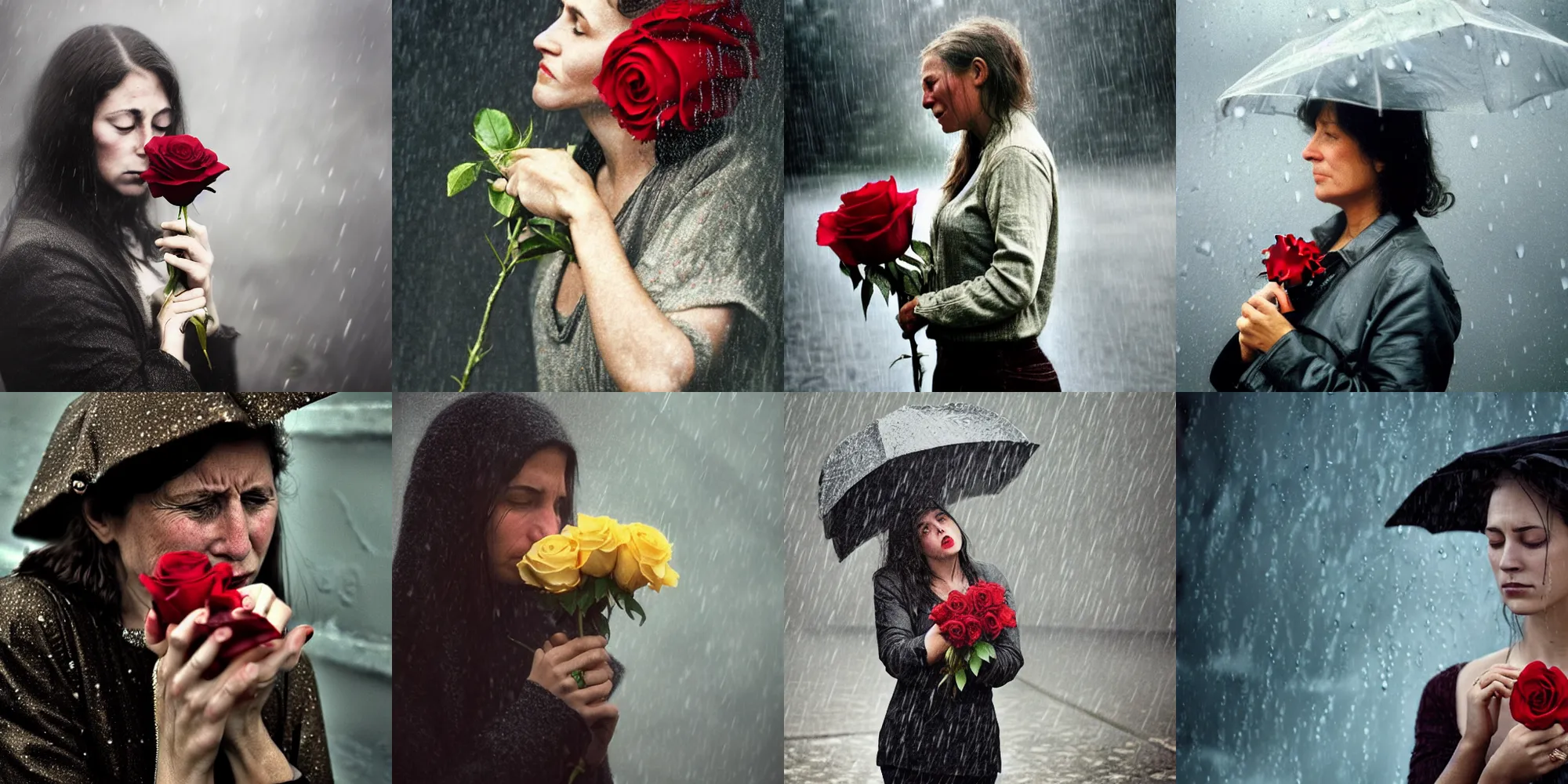 Prompt: a photo of a teary - eyed woman clutching a rose in the rain!!!!!!!!!!, photorealistic!!!!!, photo by annie leibovitz, moody, cinematic, highly detailed