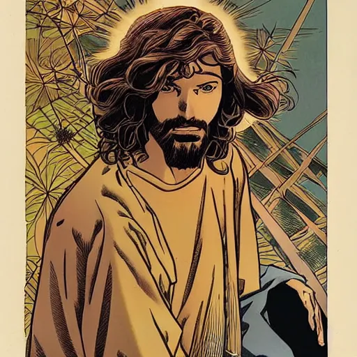 Image similar to jesus by hirohiko araki and moebius