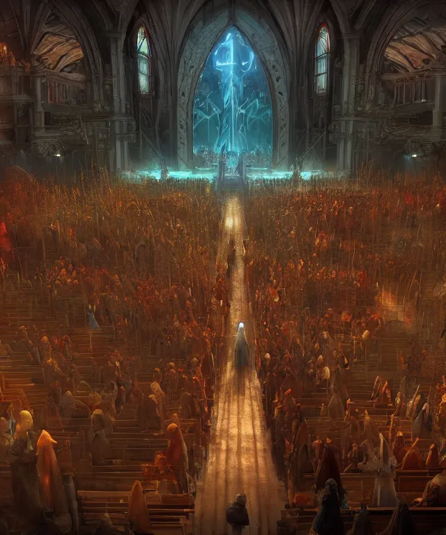 Image similar to fantasy movie scene craig mullins and ghibli and james gurney digital matte painting of a crowd in a futuristic church, strong contrast, priest, pews, ethereal, inviting, bright, raking light, unreal engine, hyper realism, realistic shading, cinematic composition, blender render, octane render, hdr, detailed textures, photorealistic, wide shot