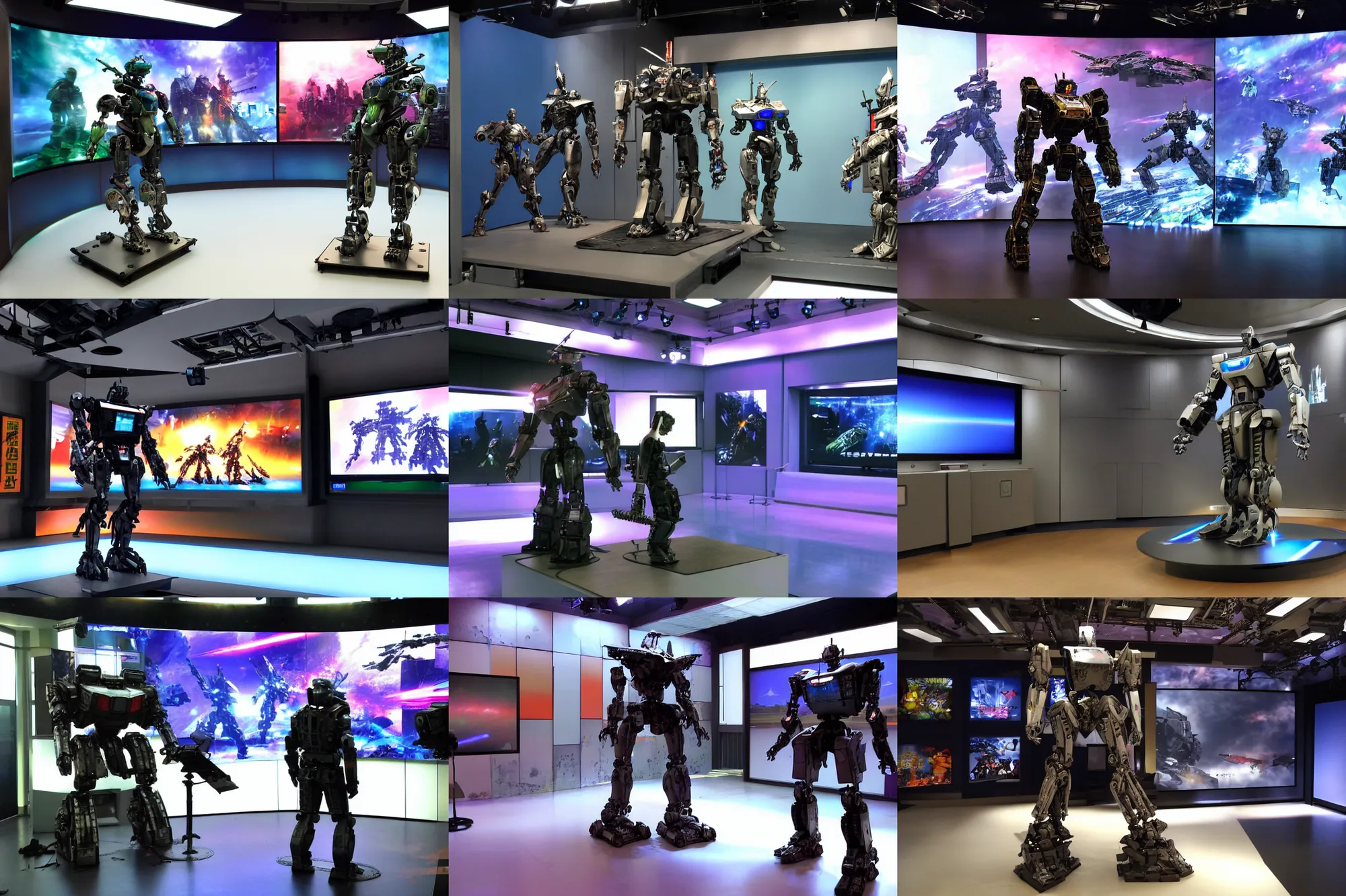 Prompt: armored core v robot standing on the small stage in the tv studio, colorful panels, telop, funny japanese tv show.