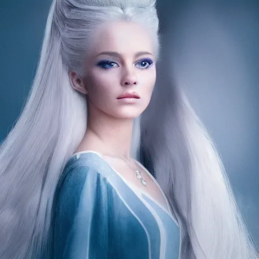 Image similar to a beautiful royal princess with long white hair, very fair, cinematic lighting scant