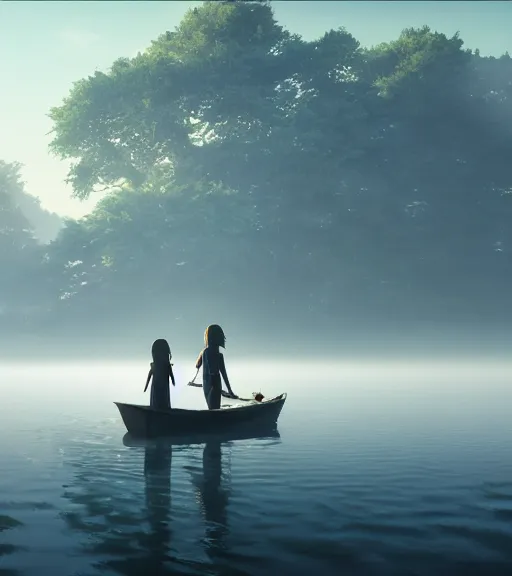 Prompt: three humans in a boat with a reflection of three crows in a swamp, volumetric lighting, fog, majestic light, octane render, ethereal glare of the sun, hyperrealistic, epic, masterpiece, by makoto shinkai