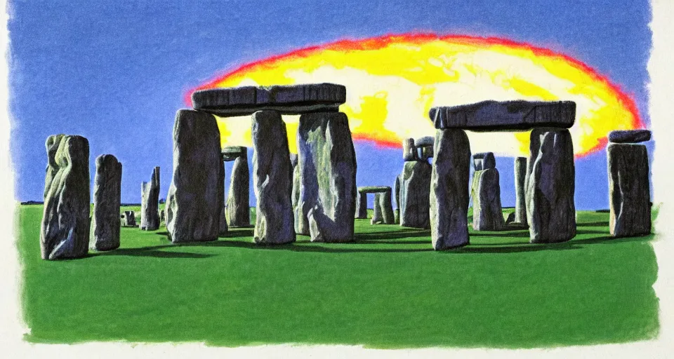 Image similar to color sketch of stonehenge, highly detailed, dramatic lighting, intense shadows, rich deep colours, by david hockney