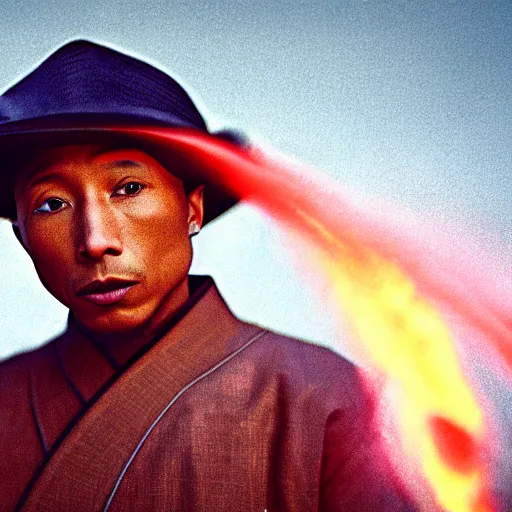 Image similar to cinematic film still Pharrell Williams starring as a Samurai holding fire, Japanese CGI, VFX, 2003, 40mm lens, shallow depth of field,film photography