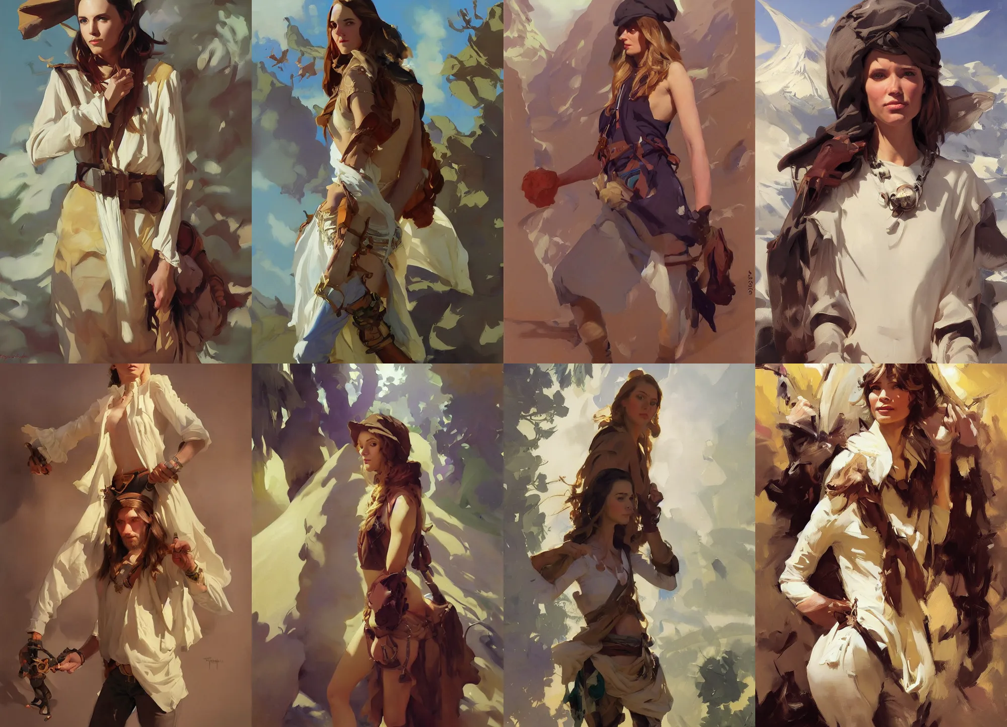 Image similar to in full growth portrait of hippie model girl jodhpurs hyperborea winter traveler treasure hunter greg manchess painting by sargent and leyendecker, fantasy, medium shot, asymmetrical, intricate, elegant, matte painting, illustration, hearthstone, by rhads, by greg rutkowski, by greg tocchini, by james gilleard, by joe fenton