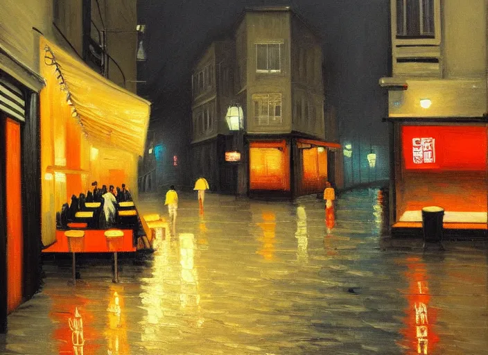 Prompt: last open ramen place in a street at night, melancholic, rainy night, in the style of australian tonalism, oil on canvas