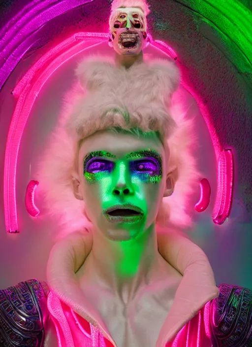 Image similar to photo of baroque and bladerunner delicate neon diamond sculpture of ceramic seductive albino prince xavier serrano delicious tongue sticking out, creamy pink iridescent humanoid deity wearing red furry hoody holding diamond skull in a green metallic dungeon, reclining, glowing rainbow face, crown of white diamonds, cinematic lighting, photorealistic, octane render 8 k depth of field 3 d