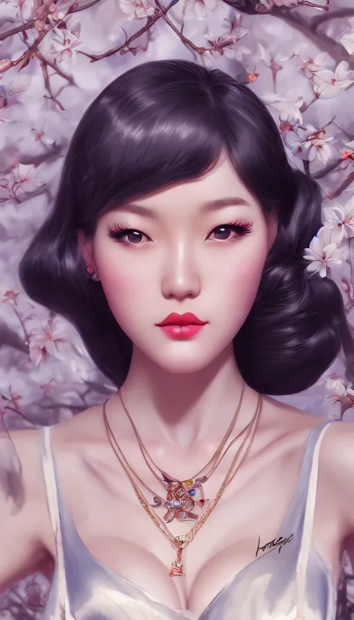 Image similar to a pin up and beautiful fashion and charming and dreamlke asian girl, lv jewelry, art by artgerm & jeehyung lee & wlop, hyperdetailed, 8 k realistic, symmetrical, frostbite 3 engine, cryengine, dof, trending on artstation, digital art