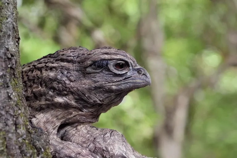 Prompt: !!!!!!! human nightjar werecreature, photograph captured at woodland creek