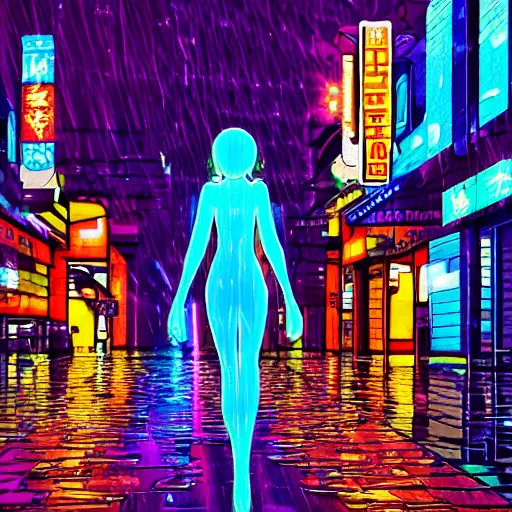 Image similar to advanced digital anime art, invisible girl dancing in the rain on a neon lit street, water reflections.