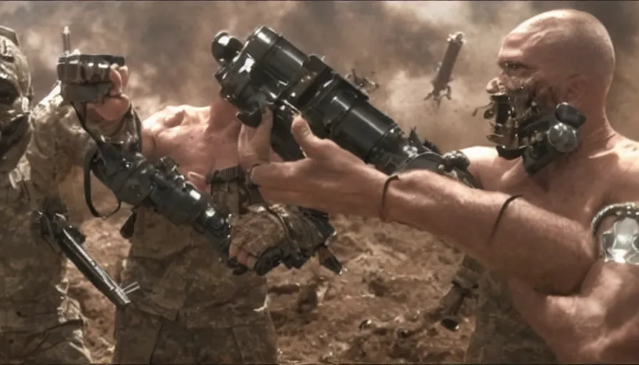 Image similar to Big budget movie about a cyborg fighting descarte's evil demon while a soldier shoots them both with a minigun