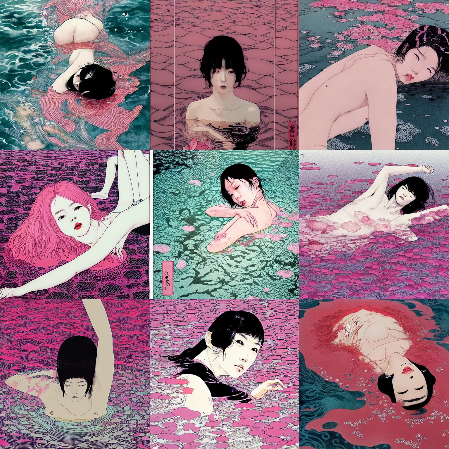Prompt: lee jin - eun submerged in pink pool by takato yamamoto, conrad roset, m. k. kaluta, martine johanna, rule of thirds, seductive look, beautiful