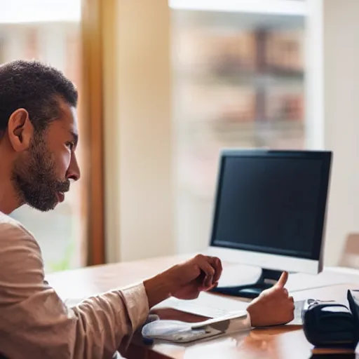 Image similar to annoyed man waiting for a friend in front of a computer pointing on his watch